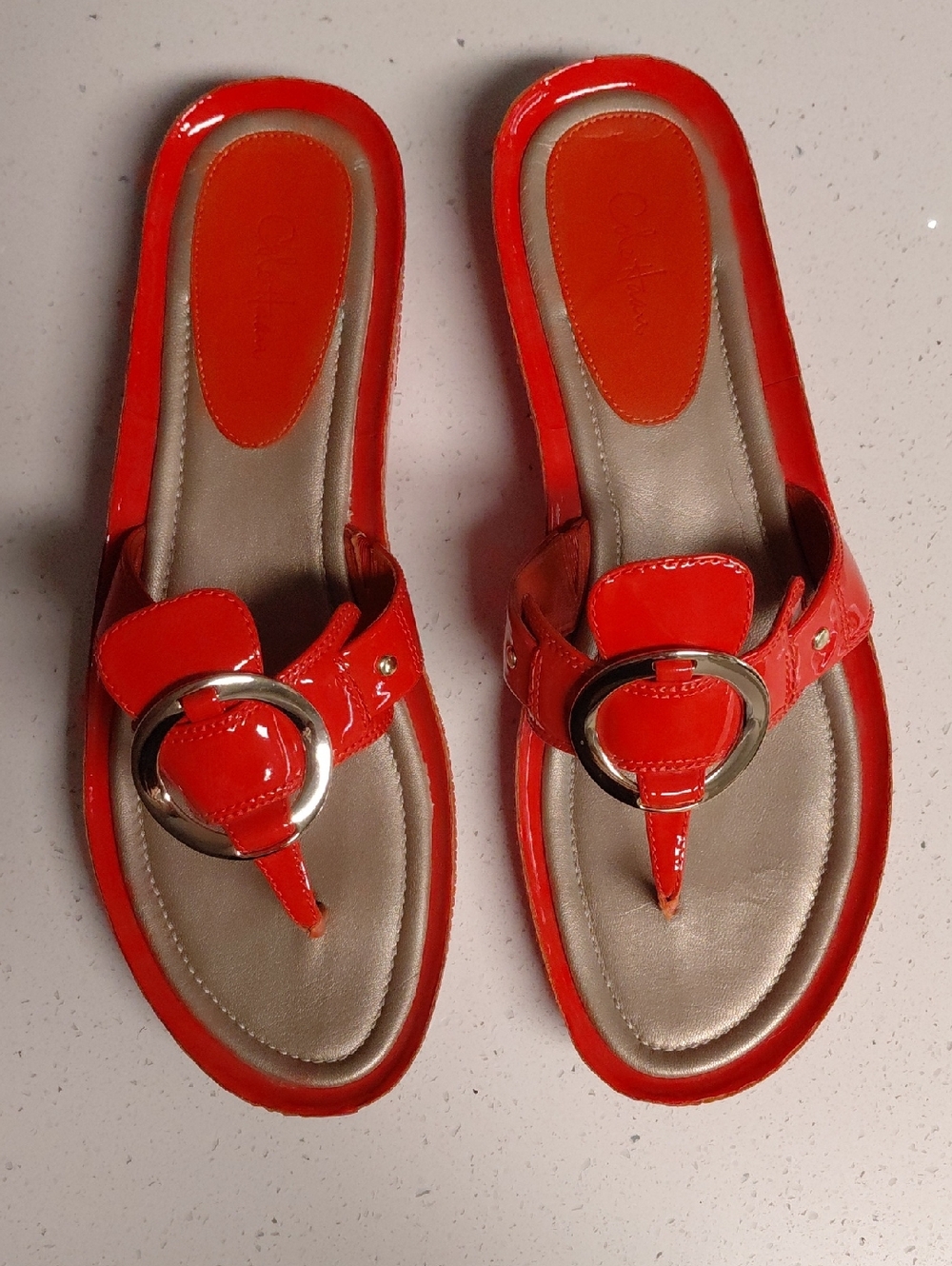 Orange Patent Leather Ring-Accent Women's Thong Sandals